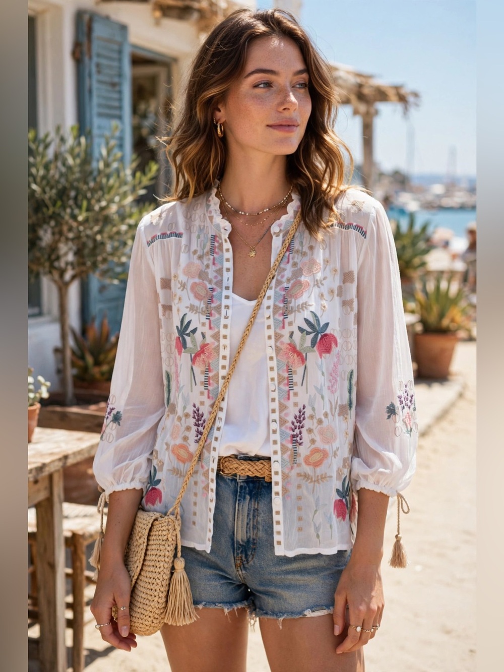 Johnny Was Dyllan Embroidered Floral Boho Blouse Button Front Tunic Top XXL
